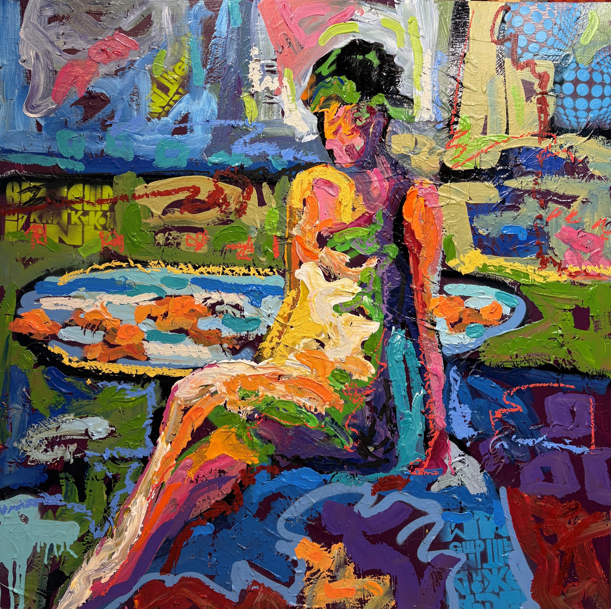 A Sort of Homecoming by Aaron Fritz — seated figure beside flowers and vivid blue-purple shapes