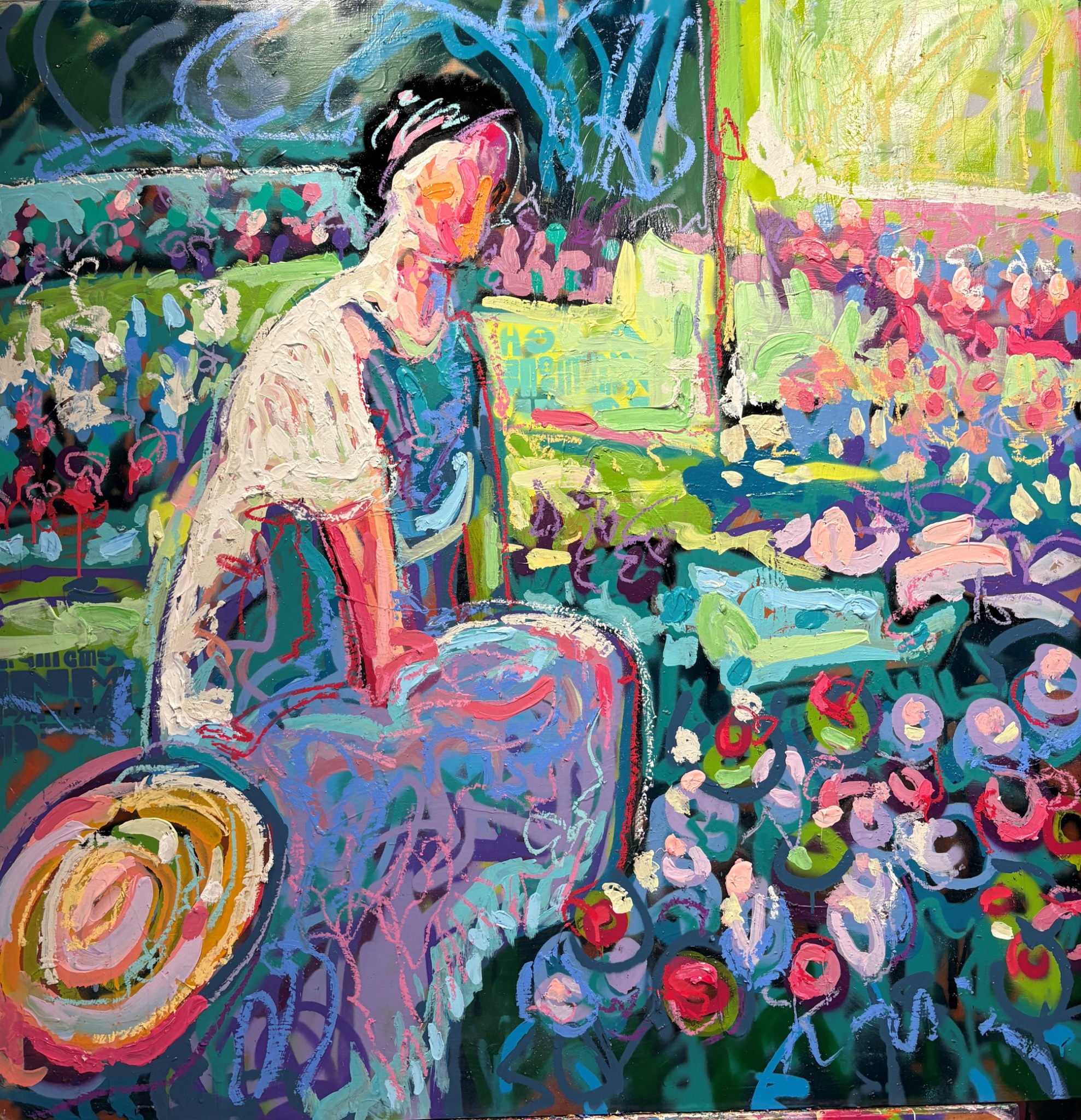 Secret Garden, a seated woman among vivid flowers, painting by Aaron Fritz