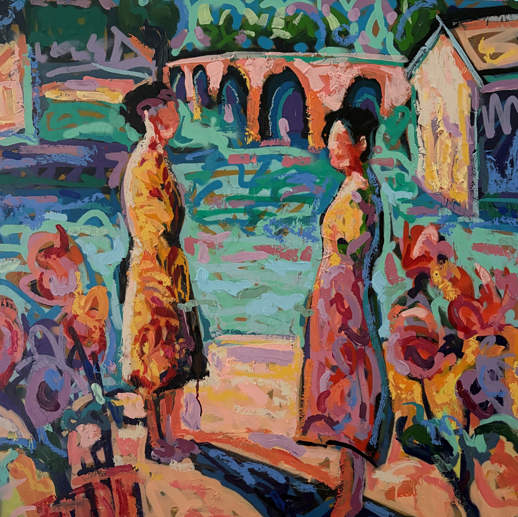 Two figures facing one another in a colorful town scene by Aaron Fritz