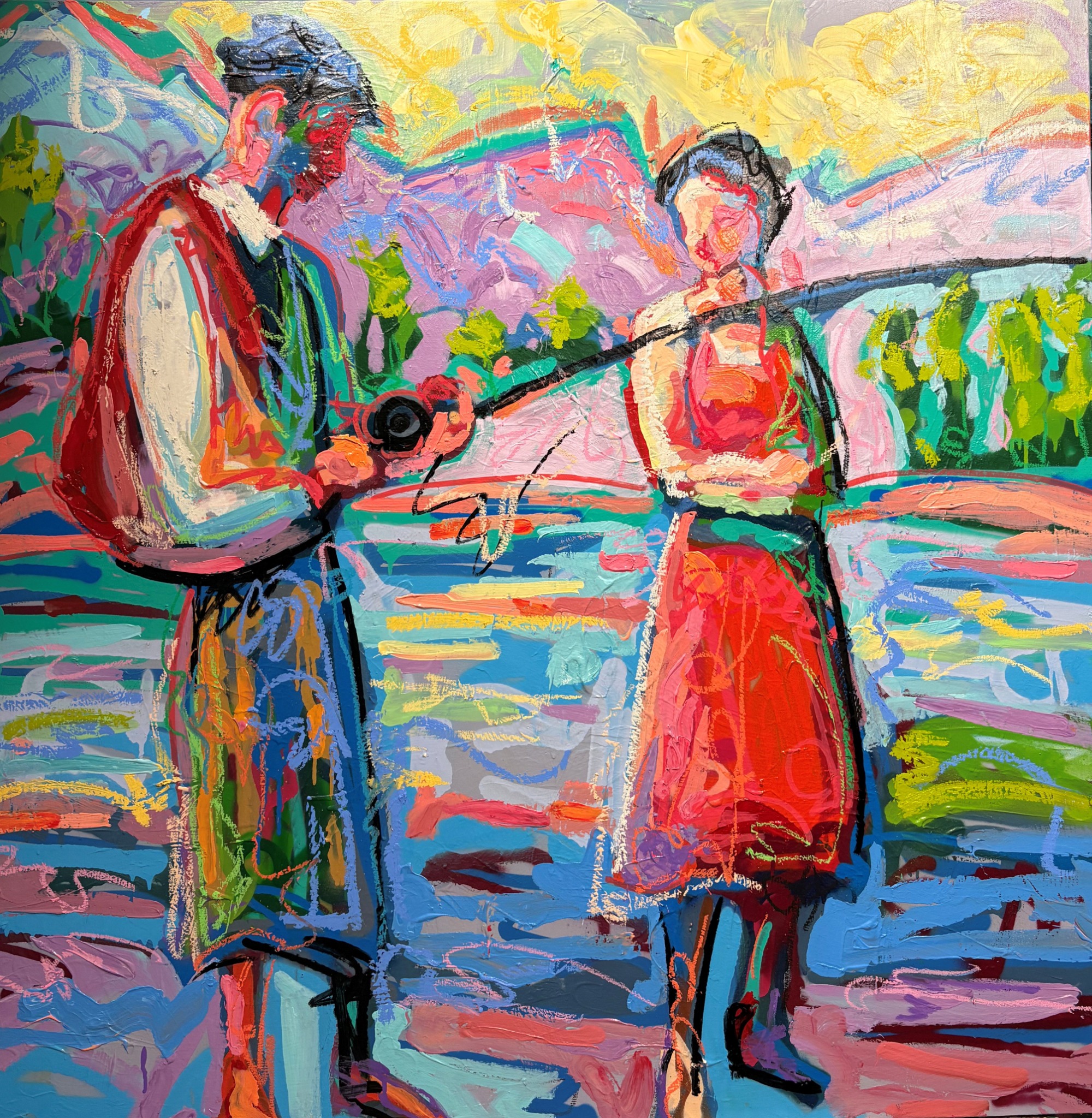 The Lack of Words by Aaron Fritz — two standing figures in a bright landscape near a bridge