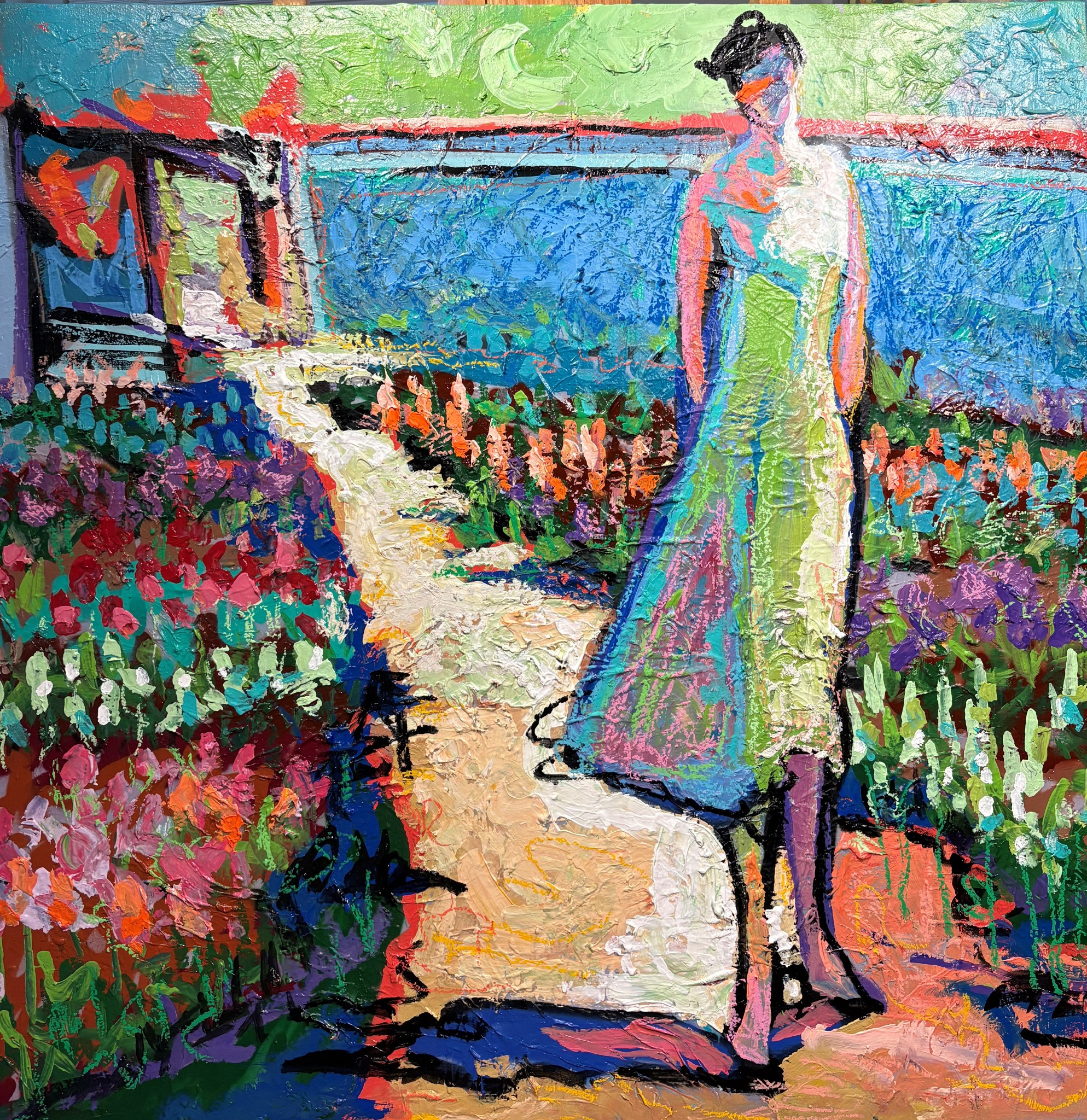 Garden Memory by Aaron Fritz — standing woman beside a flower garden path
