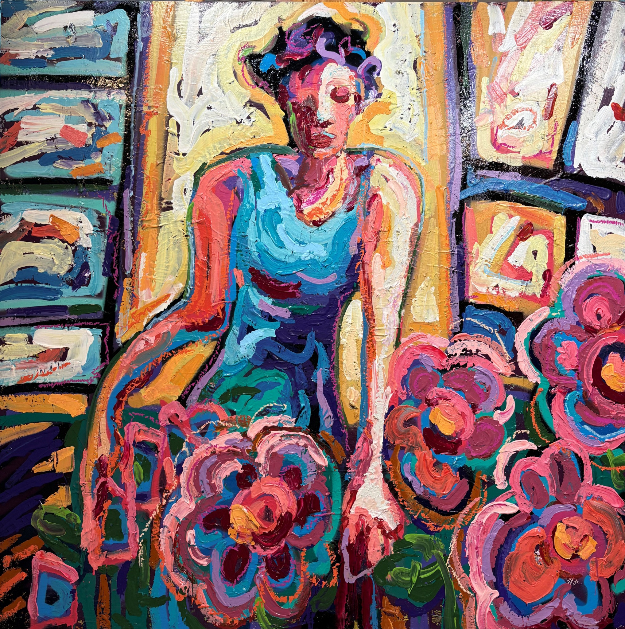 Late Spring Days by Aaron Fritz — seated woman among dense flowers and layered color