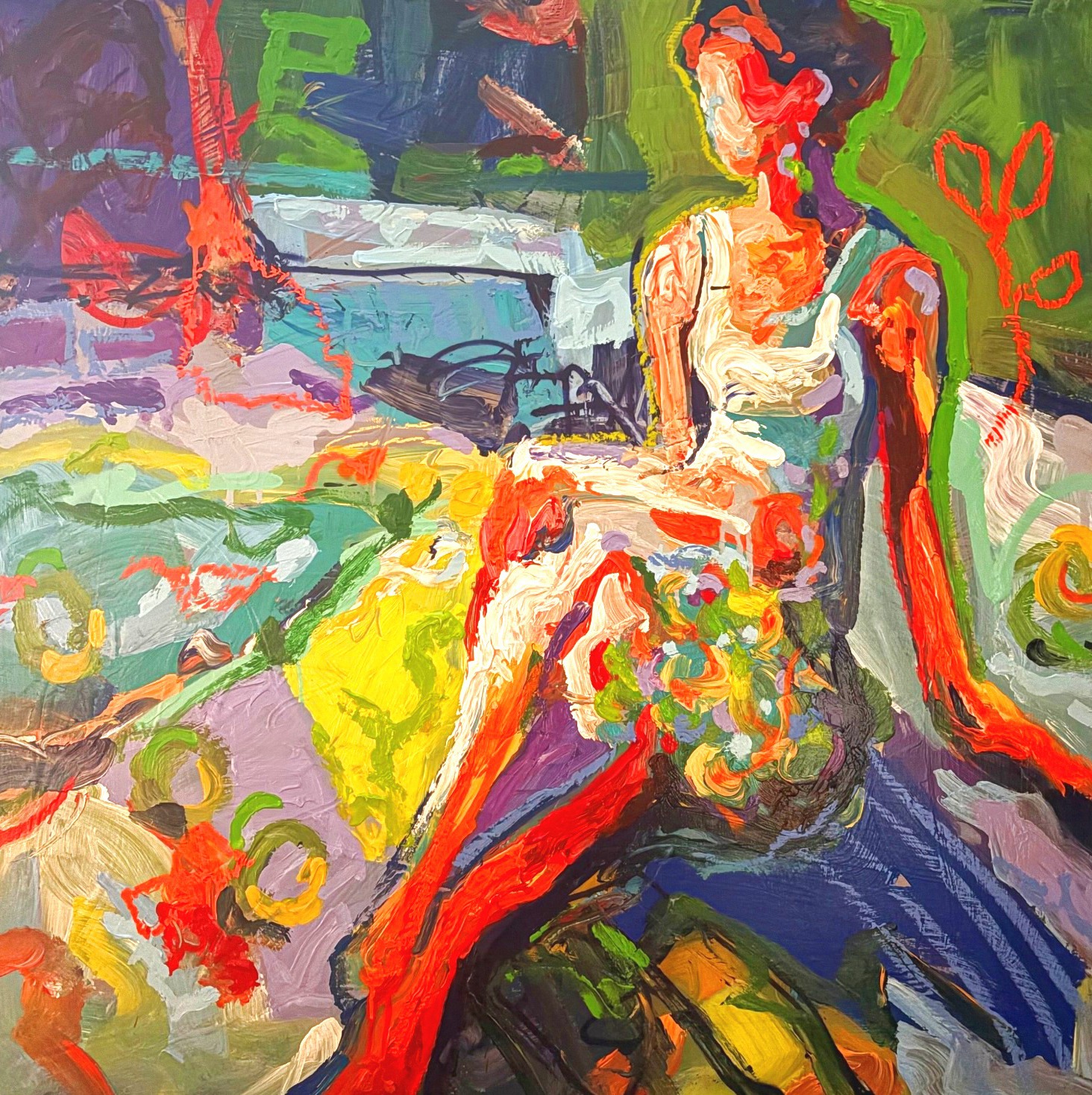 New Days Ahead by Aaron Fritz — seated figure with red hair among expressive flowers and color