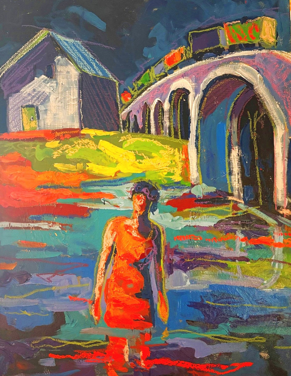 Downbound by Aaron Fritz — orange-clad figure near a bridge and water