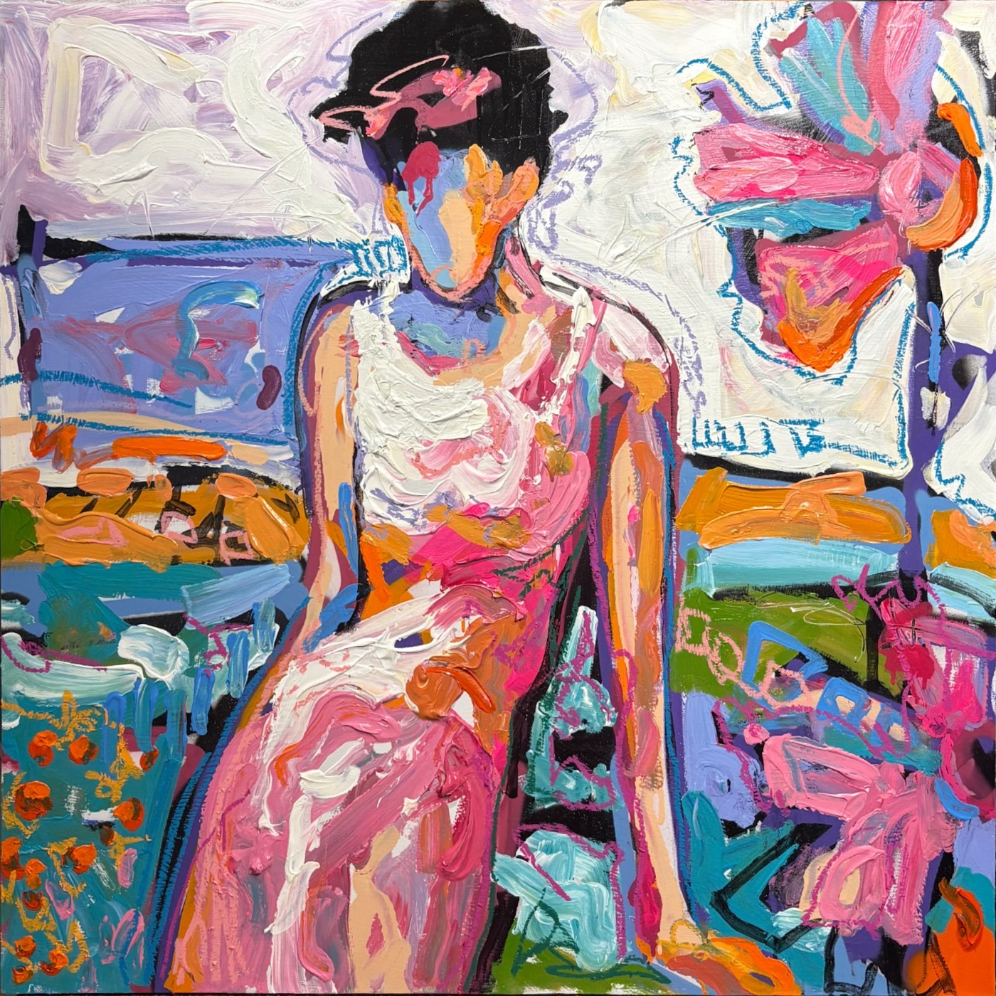 Patrick Nagel, Eat Your Heart Out by Aaron Fritz — full square painting of a seated woman in pink, with graphic brushwork and floral forms