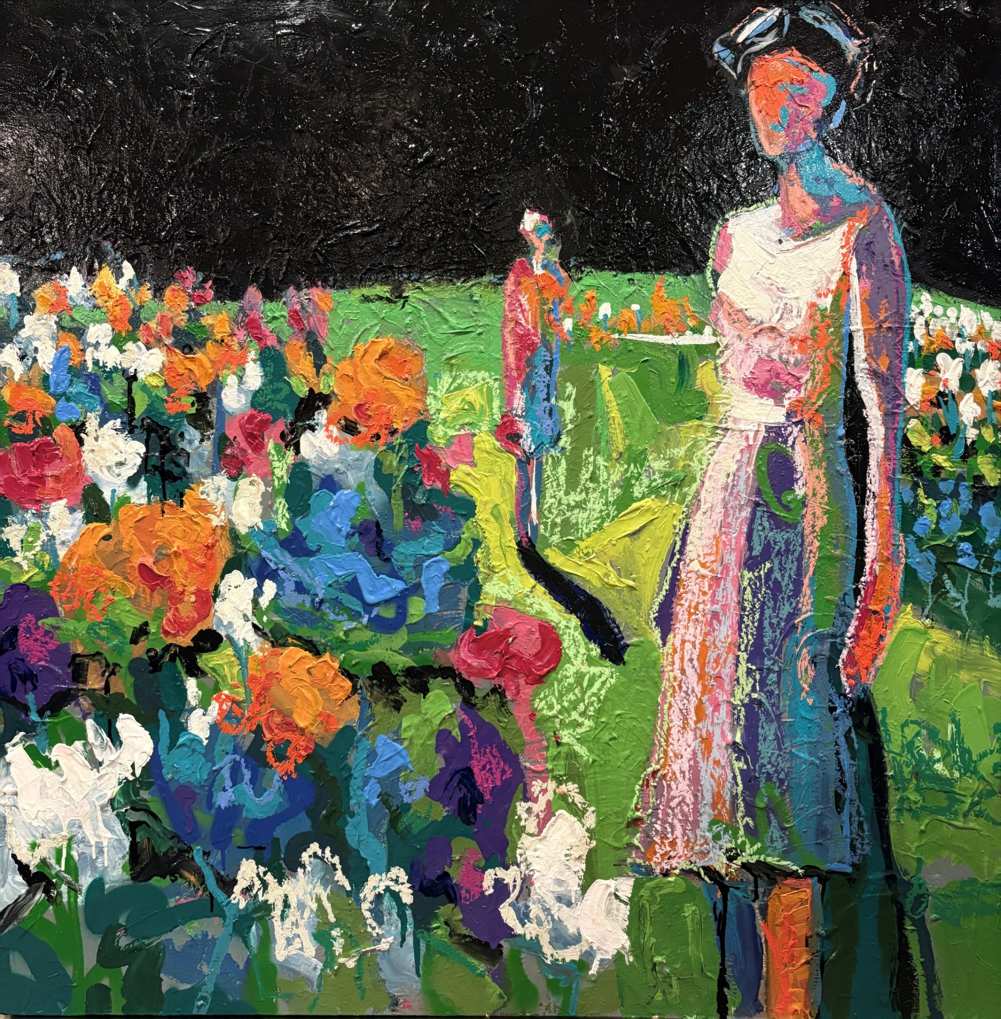 The Ghosts Stay Quiet by Aaron Fritz — standing figure in a vivid flower garden beneath a dark sky