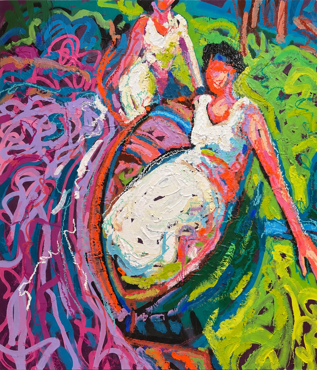 Two figures in white dresses amid vivid green, teal, pink, and orange brushwork, with a seated figure framed by a sweeping oval form